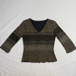 Jaipur V-Neck Blouse Ombre Green Stripes 3/4 Sleeve Lettuce Trim Top Sz Small